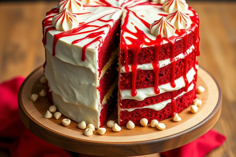 A three-layer red velvet cake with white frosting and swirls on top, featuring a slice removed to reveal the creamy yellow filling, drizzled with red icing, and surrounded by white chocolate chips on a wooden cake stand with a red cloth underneath.