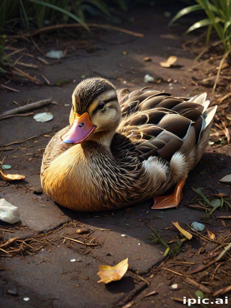 Stunning image of a cute adorable tired looking wacky duck laying flat on the ground, no emotions, moody, grainy, noisy, concept art, by Alberto Seveso, Cyril Rolando, Dan Mumford, Meaningful Visual Art, Detailed Painting, Digital Illustration,