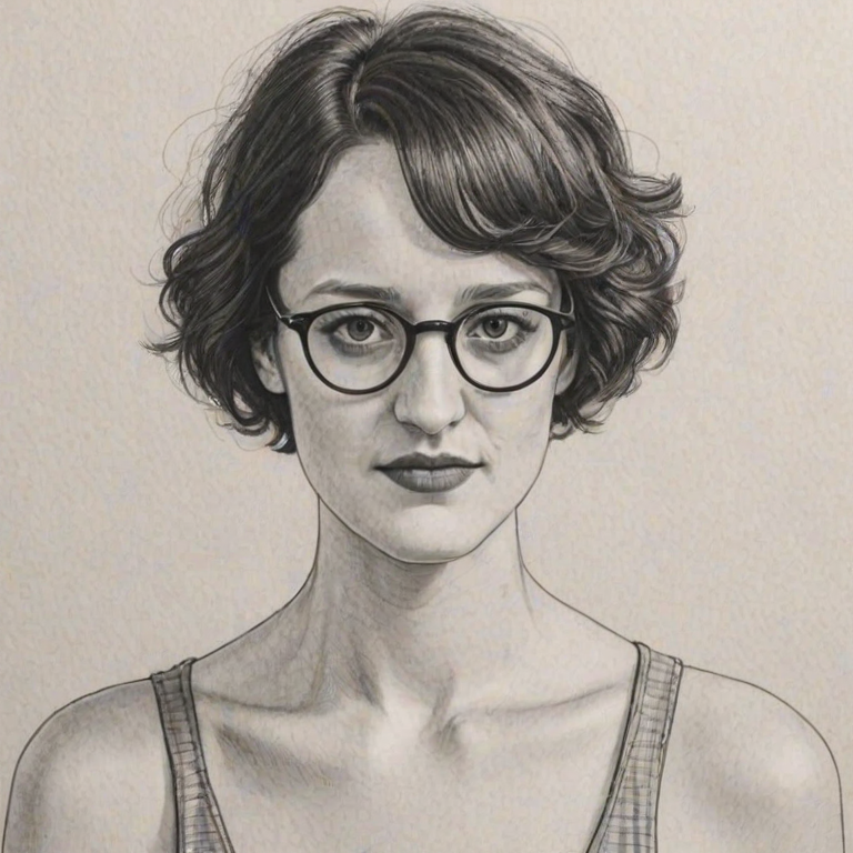 Delightful Phoebe Waller-Bridge, pencil sketch, portrait of Charming woman 1975s in glasses, hair style beatnik, outline, clear lines, fine lines, 8k