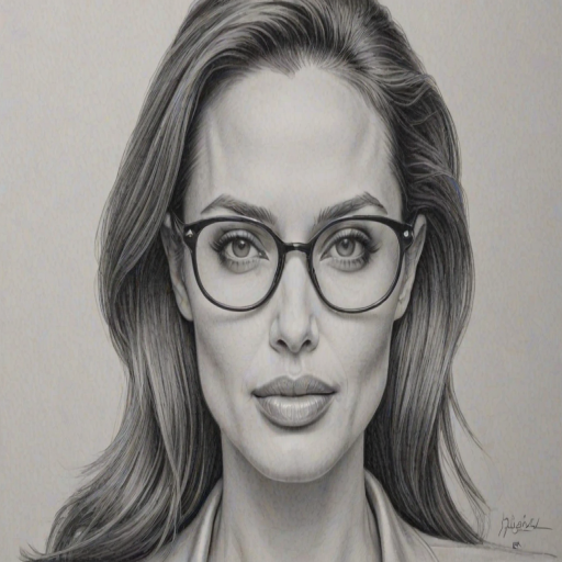 Magnificent Angelina Jolie, pencil sketch, portrait of Fascinating woman 1954s in glasses, hair style beatnik, outline, clear lines, fine lines, 8k