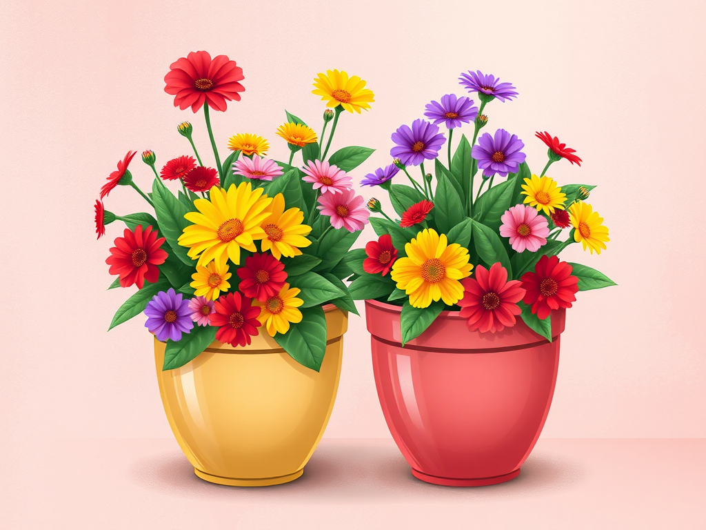 Create a vibrant digital illustration of two flower pots filled with colorful blooms including red, yellow, pink, and purple flowers surrounded by green leaves on a textured pastel background, using a Canon EOS R5 at f/8 aperture, 50mm lens, ISO 100, 1/200s shutter speed, with a soft focus style for enhanced clarity and detail.
