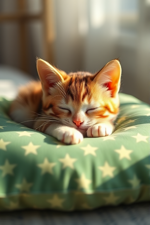 Create a high-quality image of a cute cartoon cat sleeping on a green star-patterned pillow, use a Canon EOS R5 with a 50mm f/1.2 lens, aperture set to f/2.8, ISO 100, natural soft lighting, and a shallow depth of field for a dreamy effect.