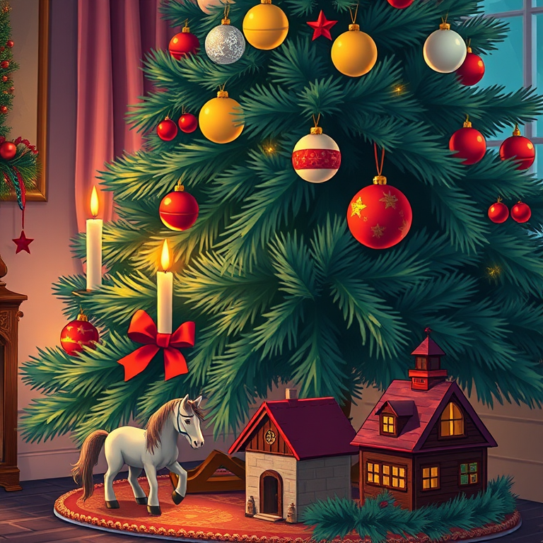 Create a detailed illustration of a decorated Christmas tree with candles and ornaments, featuring a toy horse and a small house at the base, captured with a DSLR camera at f/2.8, ISO 100, 50mm lens, natural light, focusing on vivid colors and sharp details.