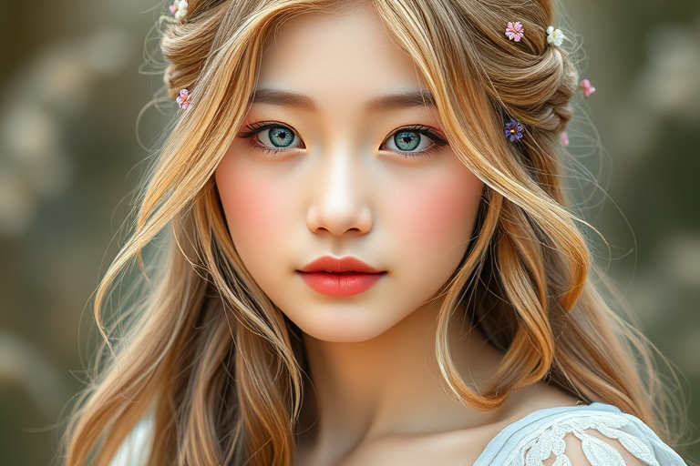 Create an image of a young Korean woman with long, wavy blonde hair, adorned with small, colorful flowers woven into her braids and loose strands. Her complexion is fair, with soft, glowing skin, and she has light blue eyes that gaze softly at the viewer. She wears a light, flowing dress with a gentle, ethereal quality, complementing her delicate and serene appearance. The background is slightly blurred, drawing focus to her tranquil expression and the intricate details of the flowers in her hair. The overall mood of the image is one of natural beauty and grace, evoking a sense of peacefulness and connection with nature.