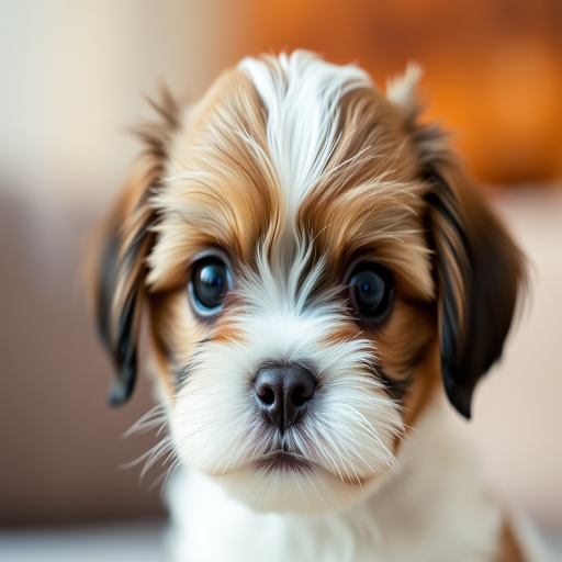 A close-up portrait of a cute Shih Tzu puppy with big expressive eyes, shot with a DSLR camera at f/2.8 aperture, ISO 100, 50mm lens, natural soft lighting, shallow depth of field for a creamy bokeh background.