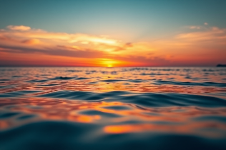 generate an image of a tranquil ocean at sunset with a golden hue, captured using a DSLR camera with a 50mm lens, aperture set to f/8, ISO 100, shutter speed 1/100s, shot from a low angle to emphasize the water's surface and reflections in a wide view format.