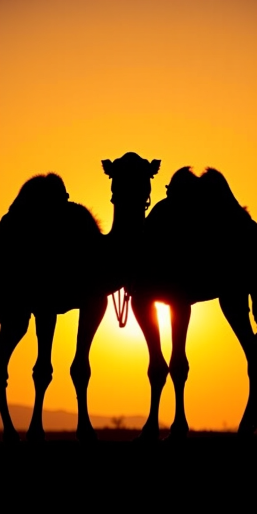 Create a detailed silhouette of two camels standing side by side against a sunset background, with high dynamic range settings, using a DSLR camera with a 50mm lens at f/1.8, ISO 100, and a shutter speed of 1/200 sec, capturing a wide-angle view to enhance depth and clarity.