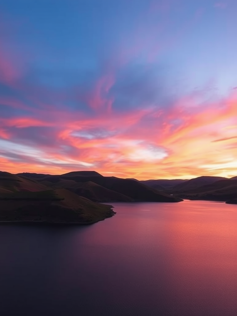 Create a high-quality image of a serene landscape at sunset, featuring rolling hills and a calm lake, with vibrant colors in the sky, taken using a DSLR camera with a 50mm lens at f/2.8, ISO 100, shutter speed 1/100s, in soft focus.