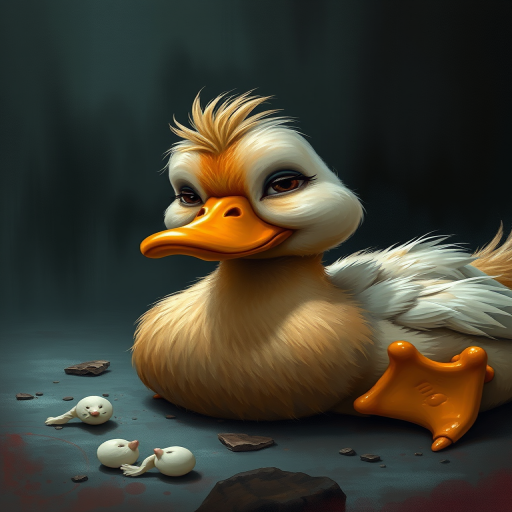 Stunning image of a cute adorable tired looking wacky duck laying flat on the ground, no emotions, moody, grainy, noisy, concept art, by Alberto Seveso, Cyril Rolando, Dan Mumford, Meaningful Visual Art, Detailed Painting, Digital Illustration,