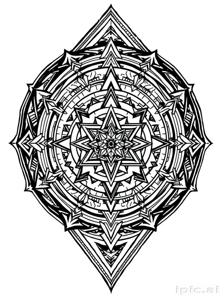Intricate blackwork "Geometric Labyrinth" tattoo concept showcasing interconnected sacred geometry patterns forming a mesmerizing maze-like design with sharp lines and bold contrasts perfect for sleeves or back pieces