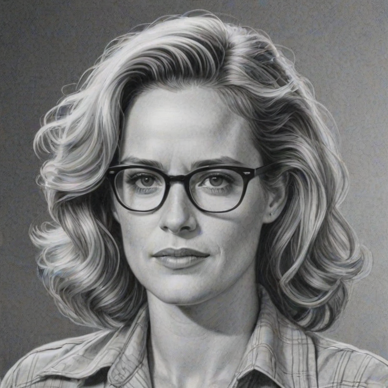 Comely Elisabeth Shue, pencil sketch, portrait of Captivating woman 1942s in glasses, hair style beatnik, outline, clear lines, fine lines, 8k