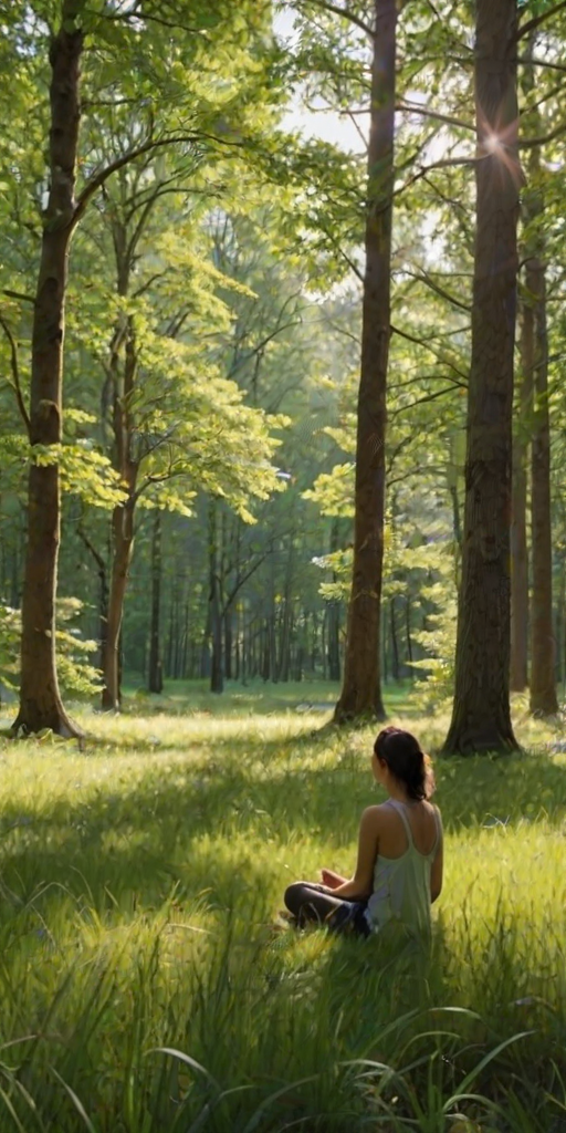 Sun-dappled forest clearing, with soft grass underfoot, a woman sits cross-legged, enjoying the tranquility as birds sing in the canopy above.