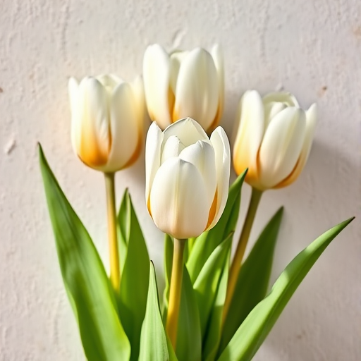 Generate an image of elegant white tulips with golden accents against a textured background, captured with a DSLR camera at f/2.8 aperture, 50mm lens, in soft natural light, using a slightly elevated angle for a dynamic composition.
