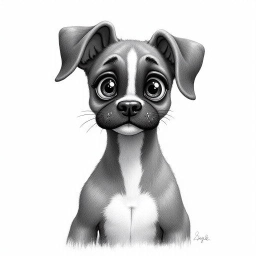 A doodle style pencil sketch illustration of a beautiful young Boxer dog, with large eyes and exaggerated facial features. White background