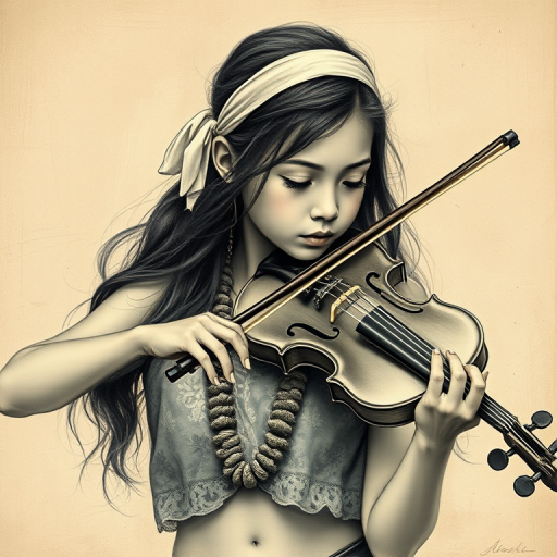 a young Hawaiian woman with a white headband playing a violin, in the style of a charcoal drawing, sepia grunge background