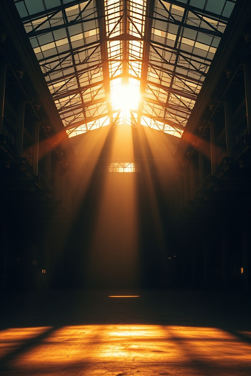 Create a misty industrial warehouse interior during golden hour, capturing soft sunlight filtering through a glass roof, using a DSLR camera with a 24mm lens at f/8, ISO 200, and a shutter speed of 1/125 sec, emphasizing dramatic shadows and warm highlights for enhanced depth and atmospheric quality.