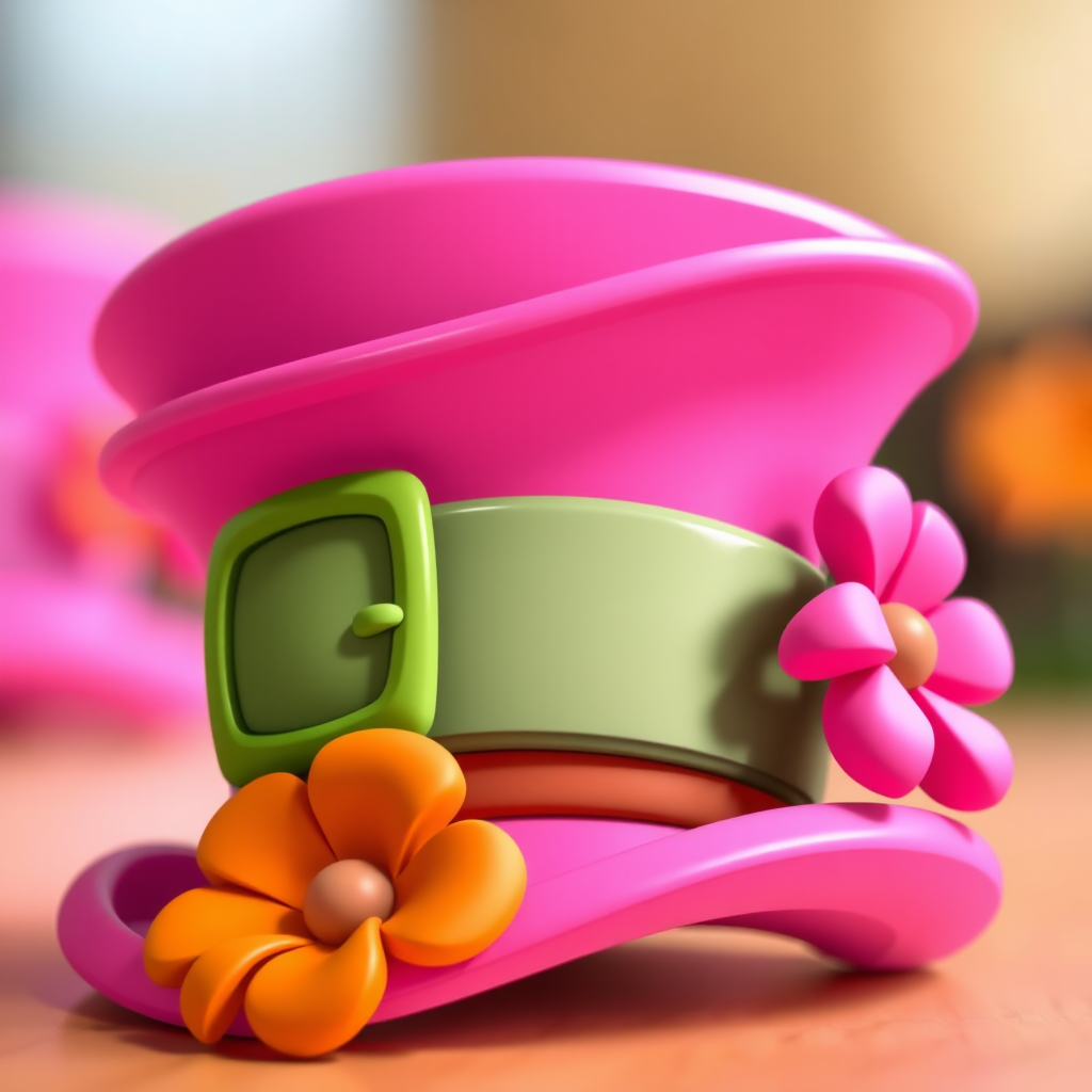 Create a vibrant cartoon-style image of a pink top hat with a green buckle and an orange flower on the side, using a DSLR camera, f/2.8 aperture, ISO 100, shot from a 45-degree angle, with a shallow depth of field to enhance the colors and details.
