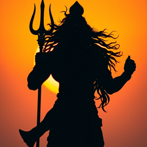Create a silhouette of a muscular figure resembling a deity holding a trident, with flowing hair and an ornate garment, against an orange sunset background, using a DSLR camera, focal length 35mm, aperture f/8, ISO 100, soft lighting, and a panoramic view.