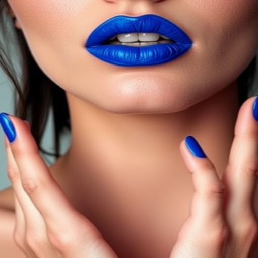 Fierce "Electric Blue" lips commanding attention with a bold, matte cobalt color, precisely applied for a sharp, edgy look