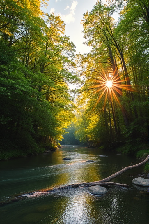 Create an image of a serene, sunlit forest scene with a clear, gently flowing river. Tall trees with lush green foliage line both sides of the river, their leaves bathed in the warm golden light of the setting or rising sun. The sunlight filters through the trees, casting soft, dappled light on the river, which flows over smooth rocks and pebbles, creating a peaceful, natural atmosphere. The sky is bright with a few scattered clouds, and the overall mood is tranquil, evoking a deep sense of connection with nature. The image captures the beauty of a calm, pristine forest landscape at either dawn or dusk.