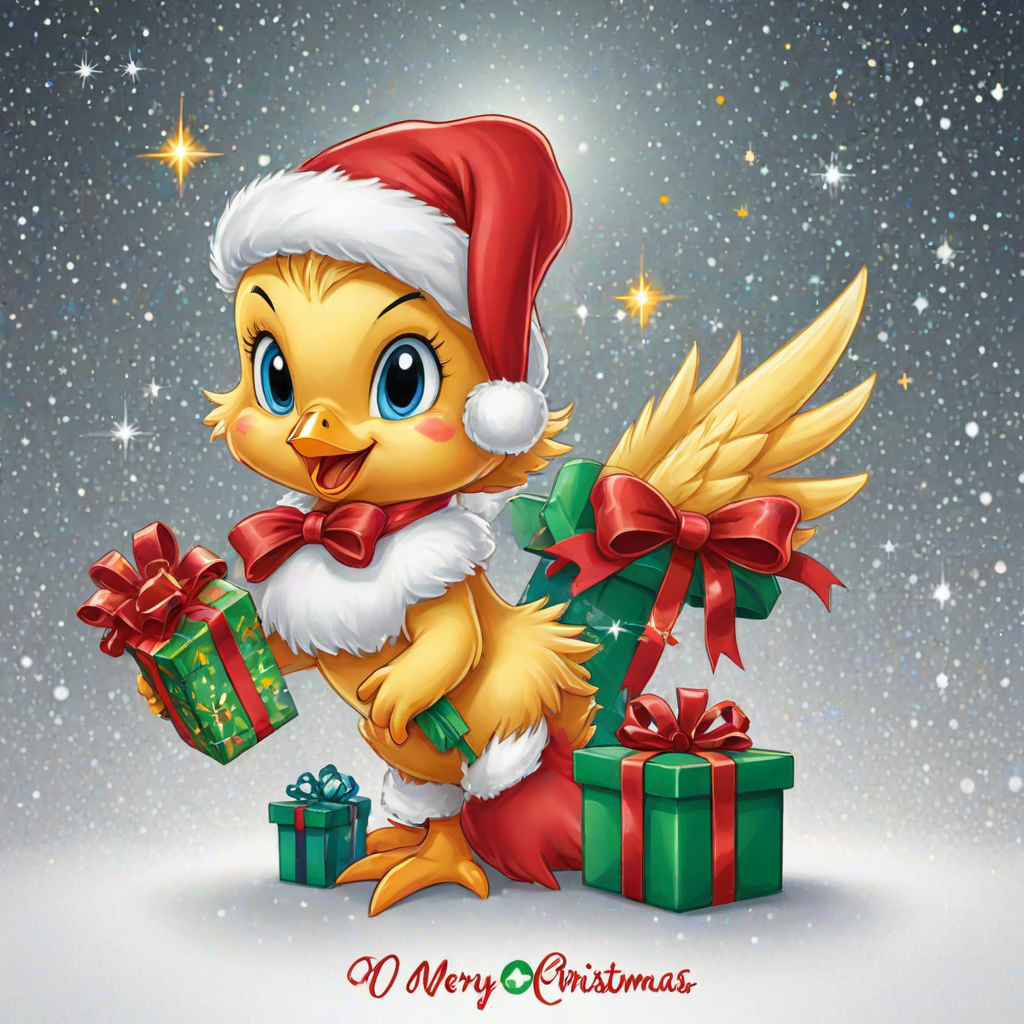Merry Christmas” cosmic star art tweety bird wearing a Christmas hat and Santa jacket holding gift with a big bow tweety bird is extremely detailed and vibrant behind her is star cosmic design on white background that’s all Christmas colors red green white the words “MERRY CHRISTMAS” is written at the bottom in red electric font outline in black 3000dpi 32k