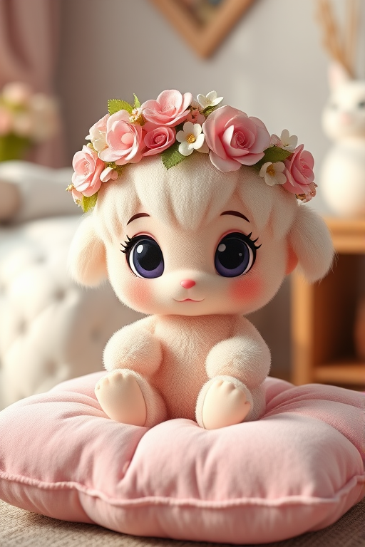 Create a highly detailed 3D render of a cute character with large eyes, fluffy features, floral crown, and pastel colors, sitting on a soft pink cushion, with soft lighting, 50mm lens, f/1.8 aperture, 1/200s shutter speed, in a cozy studio setting, using a Canon EOS camera.