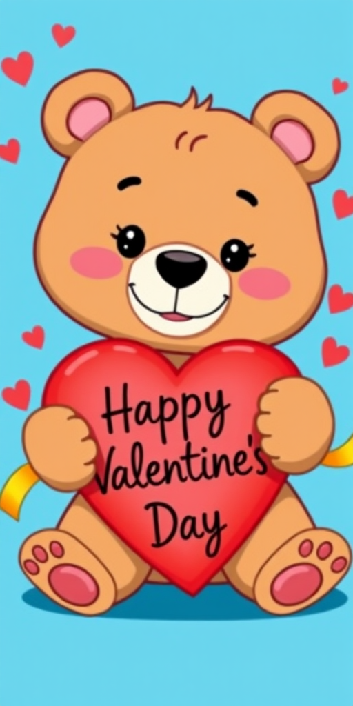 Create a vibrant vector illustration of a cute cartoon bear holding a large red heart with a golden ribbon that reads "Happy Valentine's Day," using a bright blue background; camera type: digital illustration; camera settings: high resolution, sharp focus, vibrant colors; camera view: straight-on, centered composition; camera style: flat design.