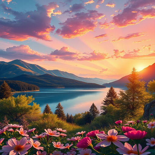 Create a vibrant landscape illustration featuring a serene lake, rolling mountains in the background, a colorful sunset with rays of light, lush green trees, and blooming flowers in the foreground, shot with a DSLR camera at f/8, ISO 100, and a focal length of 50mm from a low angle view.