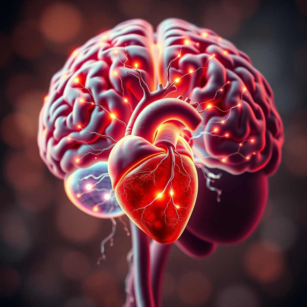Create a highly detailed digital illustration of a human body showcasing the brain and heart with glowing neural connections, shot with a DSLR camera at f/1.8 aperture, ISO 100, 24mm focal length, in a close-up view with a soft focus background to enhance the vivid colors and intricate details.