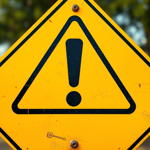 Create a highly detailed image of a yellow warning sign with a large exclamation mark in the center, shot with a DSLR camera at f/8 aperture, ISO 100, 1/200 sec shutter speed, in a close-up view with natural lighting to enhance color vibrancy and clarity.