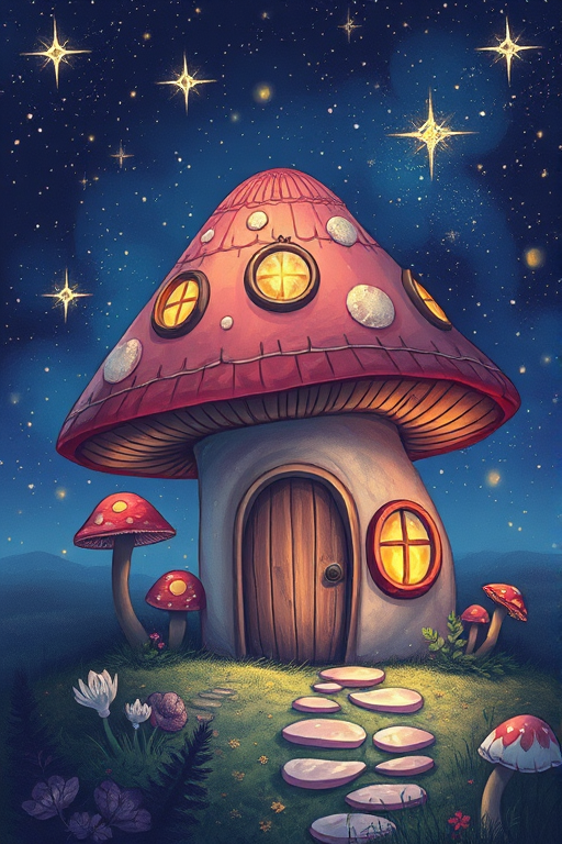 this image is illustration of a mushroom house with a door and a window, a storybook , fantasy art, mushroom house, bg starry sky, sparkles
