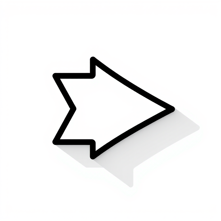 Create an arrow design with a clean white fill and a bold black outline, captured using a DSLR camera with a 50mm lens, f/2.8 aperture, ISO 100, and natural light to enhance clarity and contrast.