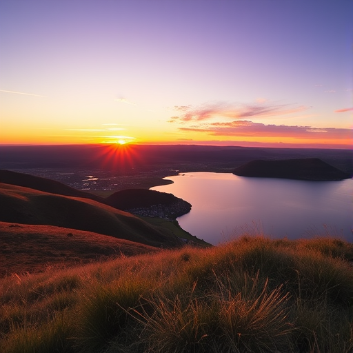 Create a high-resolution image of a serene landscape featuring rolling hills and a calm lake during sunset, with warm golden and purple hues in the sky, captured with a DSLR camera, 50mm lens, f/1.8 aperture, ISO 100, and a shutter speed of 1/200 seconds, from a low angle view to emphasize the foreground.