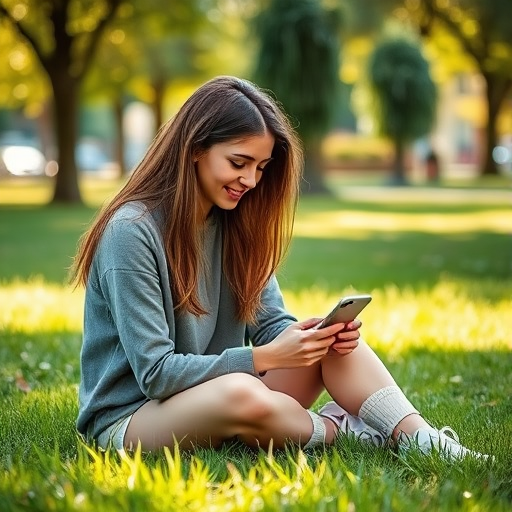 Regenerate an image of a young woman sitting on the grass in a park, looking at her phone, with a shallow depth of field, natural lighting, Nikon D850 camera settings, f/2.8 aperture, 50mm lens, soft focus background, capturing the vibrant green of the grass and a relaxed atmosphere.
