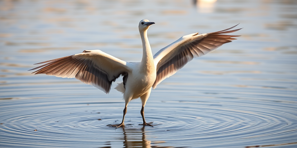 A graceful bird with outstretched wings standing on water, captured in soft morning light, using a DSLR camera with a 100mm lens, f/2.8 aperture, ISO 200, shallow depth of field, in a slight upward angle for a vibrant natural background.