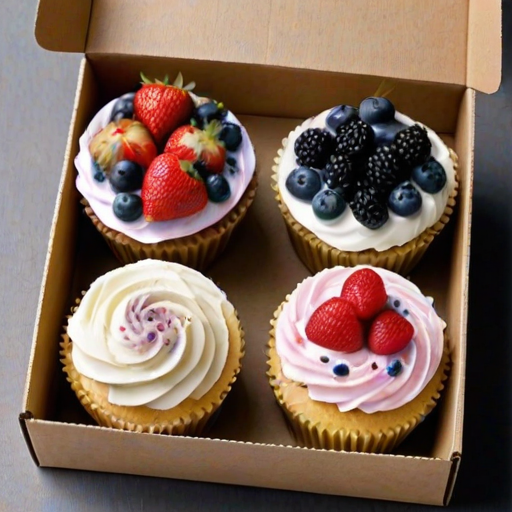 Create an image of a box containing six beautifully decorated cupcakes. Each cupcake has a swirl of buttercream frosting and is topped with a mix of fresh berries, including strawberries, raspberries, blackberries, and blueberries. The cupcakes are arranged neatly in a cardboard box, showcasing their colorful and appealing designs.