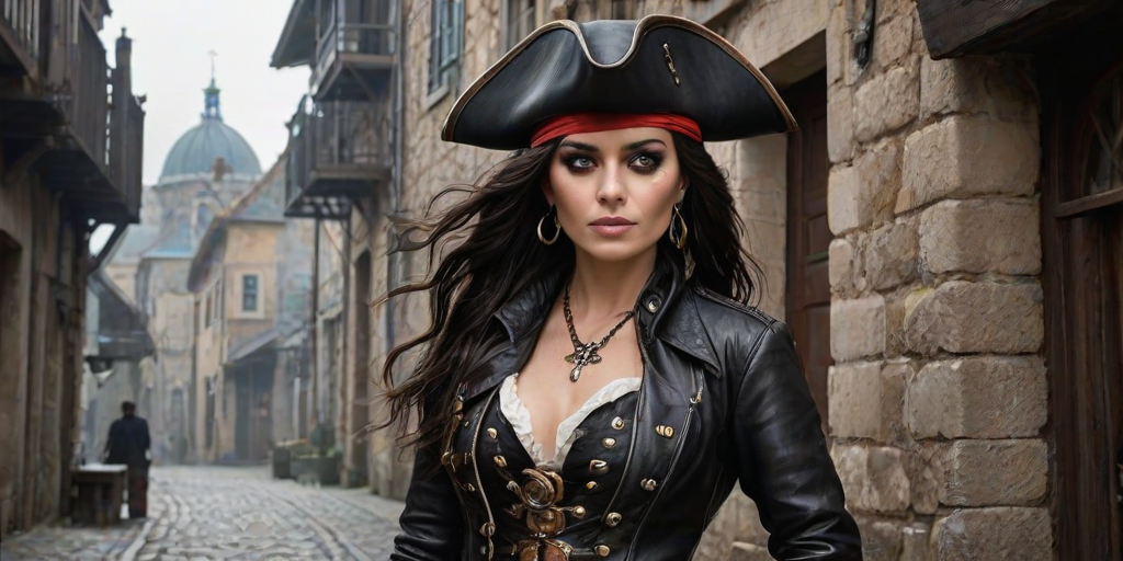 Create a portrait of a fierce female pirate. She wears a leather tricorn hat adorned with a skull and crossbones emblem, and her long, dark hair flows around her face. Her outfit consists of a richly detailed leather jacket, a corset, and multiple layers of belts and accessories, giving her a formidable and stylish appearance. She stands confidently in a dimly lit, historic port town, with a backdrop of weathered buildings and cobblestone streets, capturing the adventurous spirit of a pirate.