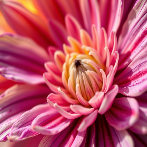 Create a highly detailed close-up of a multi-colored flower with intricate petals, using a Canon EOS R5 camera, 85mm f/1.2 lens, aperture f/2.8, ISO 100, and natural lighting for enhanced color vibrancy and sharpness.