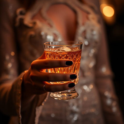 Capture an elegantly lit close-up of a hand holding a crystal glass filled with a drink, adorned in a sequined outfit with soft, warm lighting; use a Canon EOS R5 with a 50mm f/1.2 lens at ISO 100, shutter speed 1/200s, aperture f/1.2 for a blurred background effect.