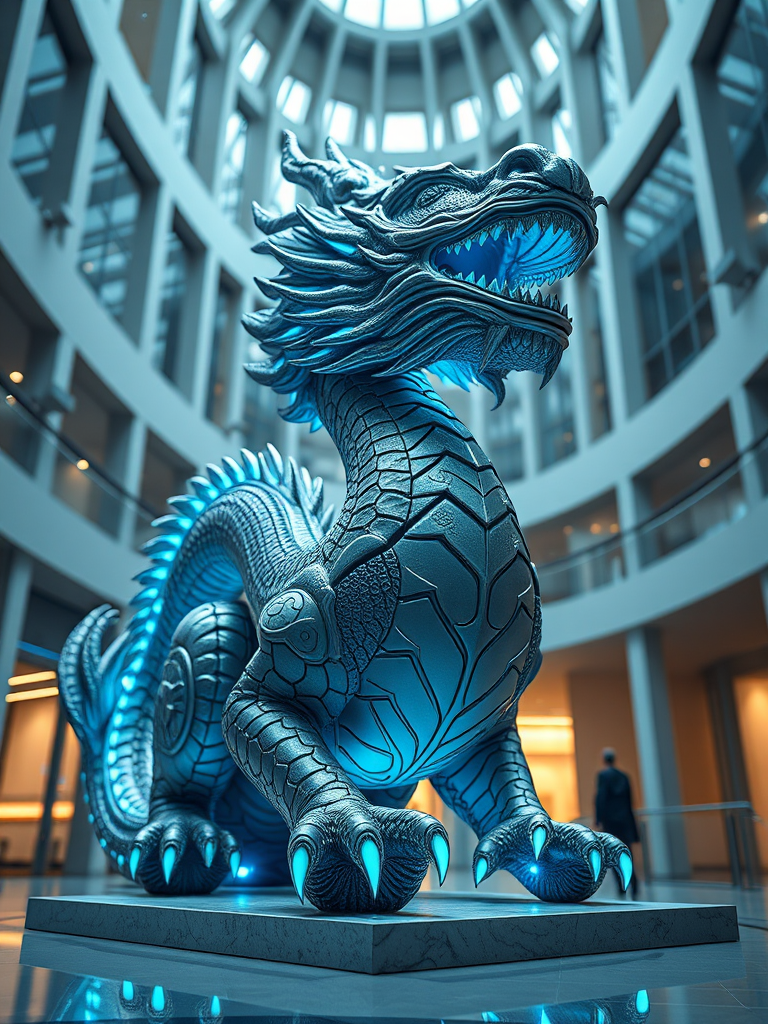 Create a high-resolution 3D render of a futuristic dragon statue with intricate detailing, illuminated with neon blue accents, in a modern architectural space, shot with a Canon EOS R5, 50mm lens, f/1.8 aperture, ISO 100, and a low angle perspective for dramatic effect.