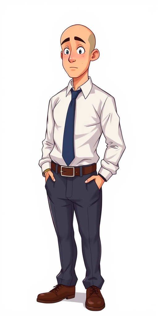 Generate an illustration of a bald male figure in a formal outfit with a tie and belt, standing in a relaxed pose, using a 50mm focal length, f/2.8 aperture, 1/125 sec shutter speed, with soft studio lighting and a white backdrop, rendered in high resolution with vibrant colors and smooth textures.