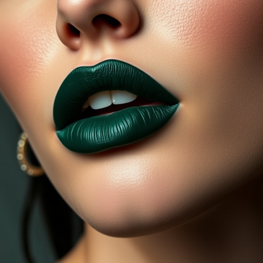 Dark forest green lips with a matte finish, showcasing a daring and unconventional color choice, perfect for a high-fashion editorial spread