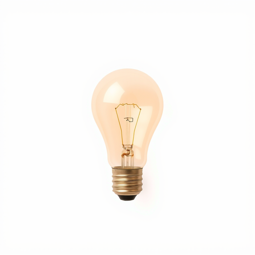 Create an illustration of a light bulb with a minimalist design on a plain white background, using a Canon EOS R5 camera, 50mm lens, f/2.8 aperture, ISO 100, natural lighting, and a shallow depth of field for enhanced image quality.