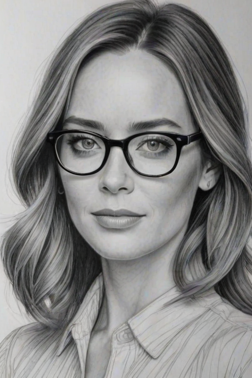 Superb Emily Blunt, pencil sketch, portrait of Captivating woman 1965s in glasses, hair style beatnik, outline, clear lines, fine lines, 8k