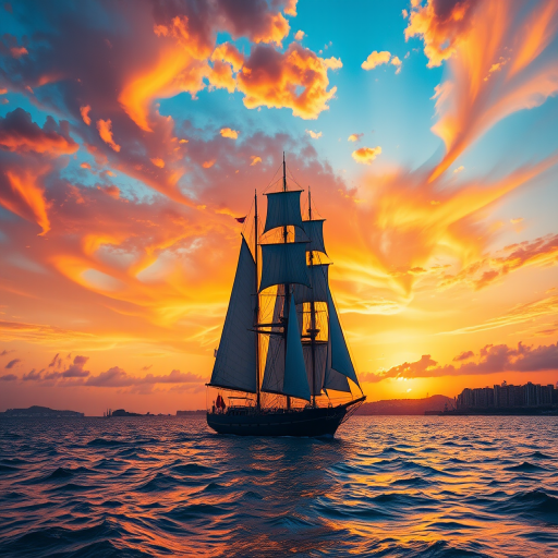 A vibrant seascape at sunset featuring a majestic sailing ship with billowing blue sails, painted in an impressionistic style with swirling clouds of orange, pink, and purple, city skyline in the background, photographed with a Canon EOS R5, 50mm lens, f/1.8 aperture, ISO 100, shot in portrait mode showcasing rich colors and dynamic contrast.