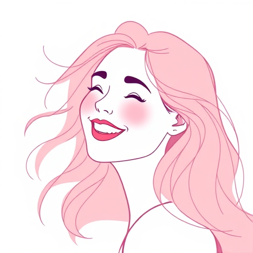 create a minimalist line art illustration of a smiling person with flowing hair in soft pastel colors, set against a smooth abstract background, using a digital drawing tablet, at a resolution of 300 DPI, in portrait orientation, with a view from eye level and a focus on vibrant color contrast