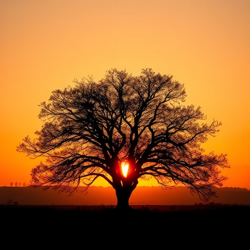Capture a high-resolution image of a silhouette of a tree at sunset, with a warm color palette, using a DSLR camera, f/2.8 aperture, ISO 100, 50mm lens, and a wide-angle view to enhance the depth and richness of the scene.