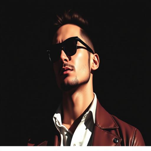 Create a high-contrast vector-style portrait of a man wearing sunglasses, showcasing a stylish outfit with sharp lines and a modern aesthetic, using a DSLR camera with a 50mm lens, aperture at f/1.8, ISO 100, shot in natural light from a 45-degree angle to enhance detail and texture.