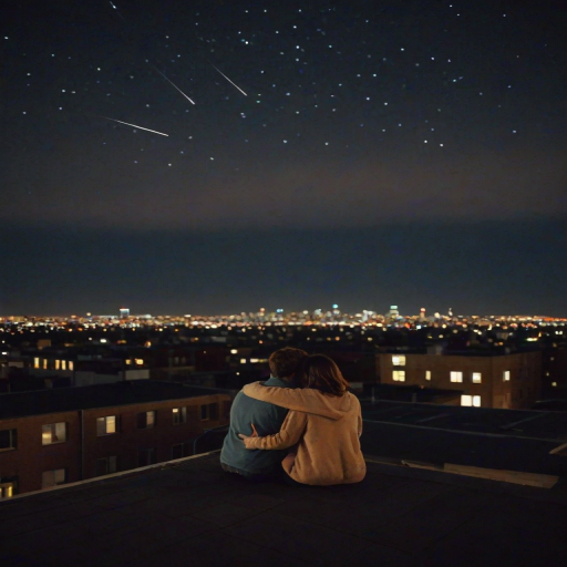 Warm, intimate image of a couple stargazing on a rooftop, soft glow from nearby city lights casting a warm hue, distant constellations visible in the clear night sky.