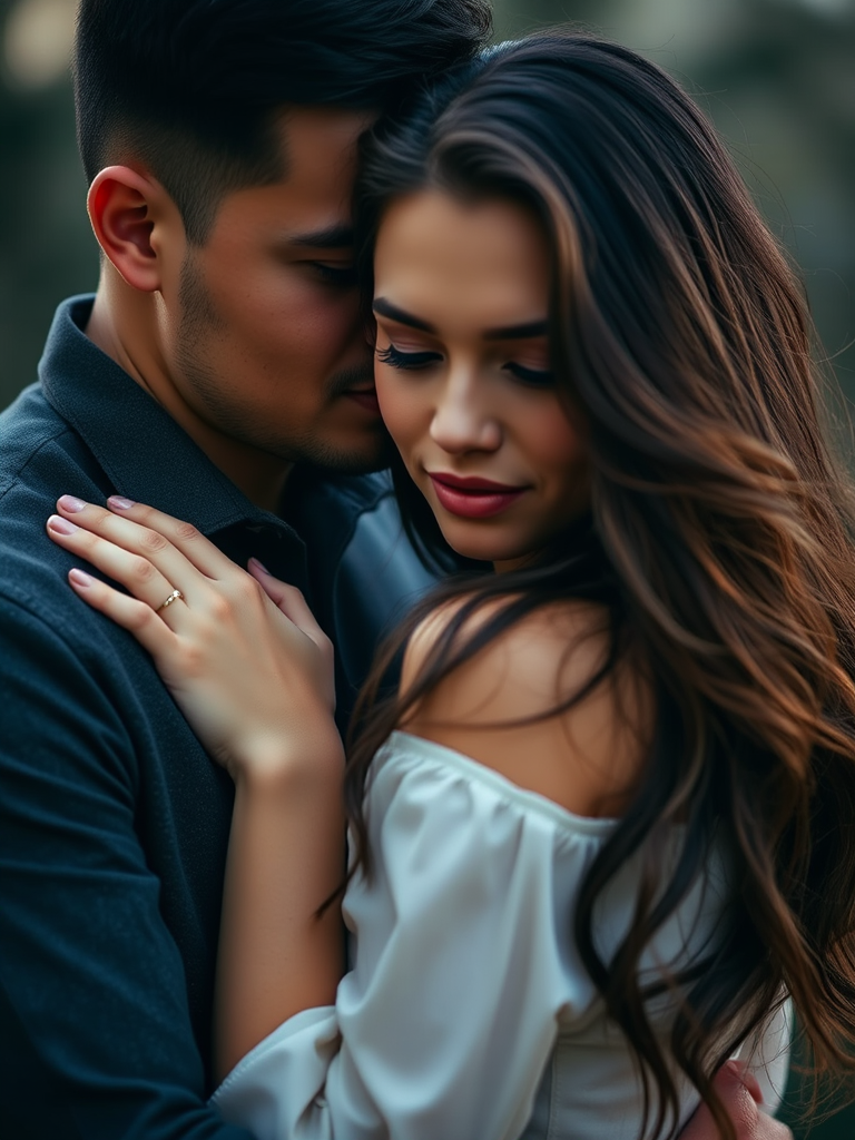 Portrait of a couple embracing a woman with dark flowing hair, soft diffused lighting, shallow depth of field, 85mm lens, f/1.4 aperture, ISO 200, captured with a full-frame DSLR, soft focus background for a dreamy effect.